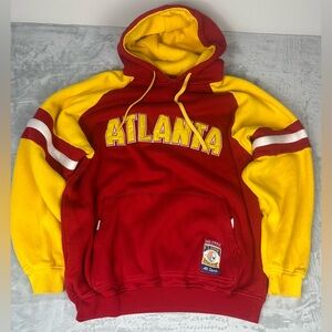 Vintage Distressed Hoodie Sweatshirt Mens Large Red Yellow ATLANTA Varsity Heavy
